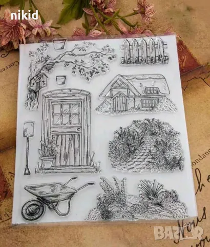 Къща врата дърво каруца цветя път силиконов гумен печат декор украса бисквитки фондан Scrapbooking