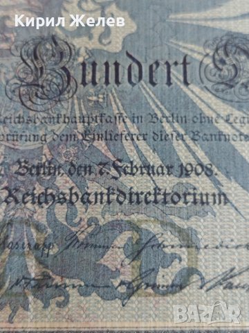 Райх банкнота 100 марки 1908г. Германия рядка за колекционери 28300, снимка 2 - Нумизматика и бонистика - 37142722