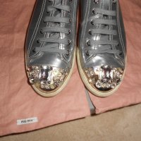 Miu Miu Silver Crystal Swarovski Leather Sneakers, снимка 7 - Дамски ежедневни обувки - 26638146