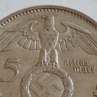 Сребърна монета 5 райхсмарки 1936г. Нацистка Германия Трети Райх с СХВАСТИКА за КОЛЕКЦИЯ 42054, снимка 3 - Нумизматика и бонистика - 43799043