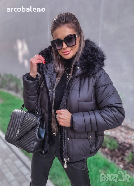Черно дамско ватирано яке с кожа , снимка 1