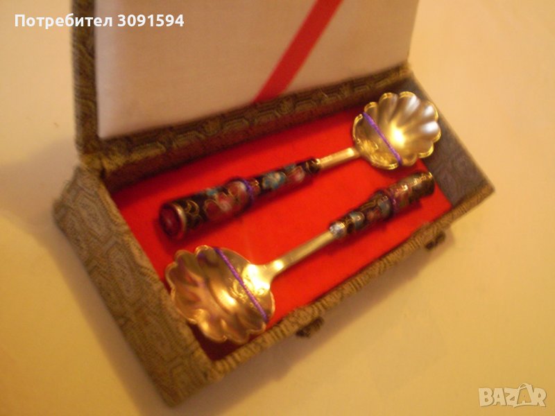 Комплект 2 лъжички в кутия емайл метал, снимка 1