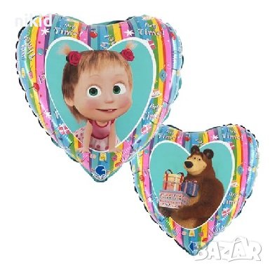 Маша и мечока сърце двустранен фолио фолиев балон хелий или въздух парти рожден ден, снимка 1