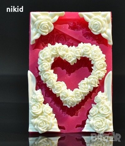 Сърце от рози и ъгъл ъгли с рози силиконов молд форма фондан гипс декор, снимка 1