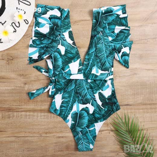 РАЗПРОДАЖБА НА БАНСКИ Цял бански на зелено - бели листа (С,М), снимка 1