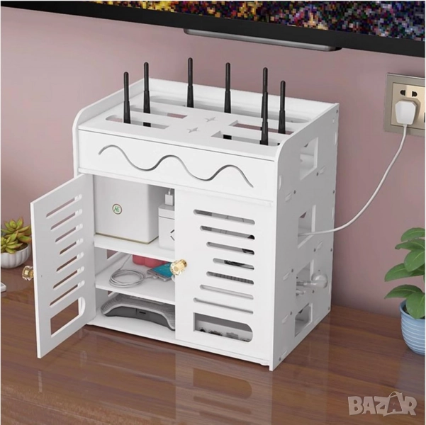 Органайзер шкаф за Wi-Fi рутер и кабели – 3 нива, бял дизайн, снимка 1