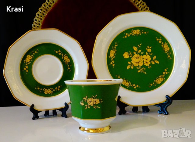 Чаша с чинии баварски порцелан,злато,рози,смарагд, снимка 2 - Чаши - 38215190