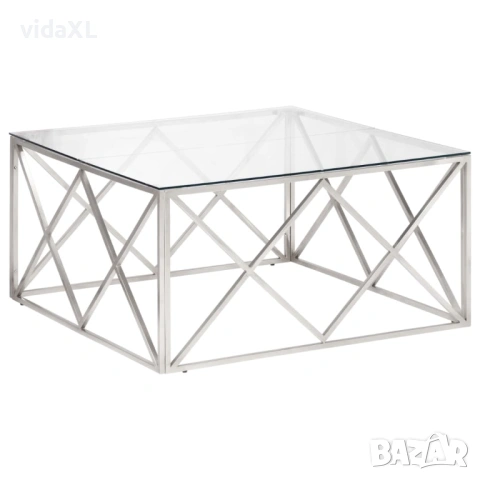 vidaXL Кафе маса, сребриста, неръждаема стомана и закалено стъкло(SKU:349977)