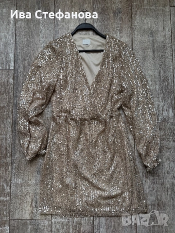  Нова парти коктейлна официална къса златна златиста рокля пайети паетена , снимка 3 - Рокли - 46576720