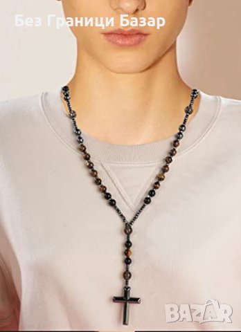 Ново Тройна Защита: Колие с Кръст от Тигрово Око, Хематит, снимка 4 - Колиета, медальони, синджири - 43666693