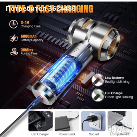 Прахосмукачка – Мощна 16000PA за Кола и Дом, USB-C Зареждане, снимка 5 - Прахосмукачки - 52403470