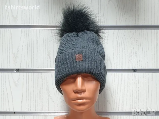 Нова зимна дамска шапка SilverStar в тъмносив цвят с пух/помпон, снимка 6 - Шапки - 47927521