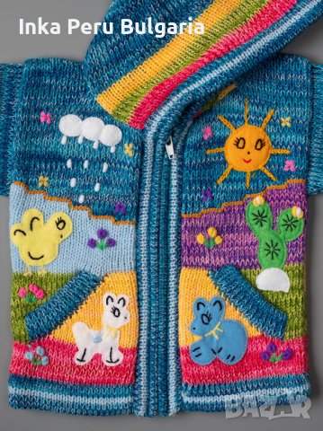 Синя перуанска детска жилетка с елфска качулка, размери от 0 до 7 години , снимка 3 - Детски пуловери и жилетки - 35537592