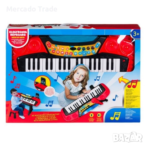 Детска йоника Mercado Trade, С микрофон, столче и светлини, Червен, снимка 4 - Музикални играчки - 52529665