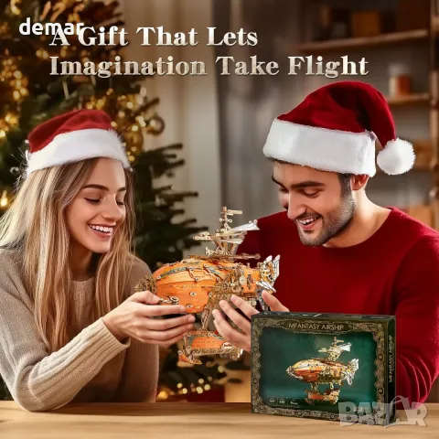 FUNPOLA LED 3D дървен пъзел Фентъзи модел на дирижабъл с LED светлини, 648 части, оранжев, снимка 6 - Пъзели - 48988957