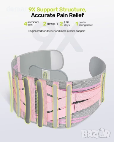 Колан за гръб Rakiie за жени, 9X опорна скоба за гръб, розов, размер С и M (талия: 85-100 см), снимка 4 - Корсети, колани и коректори - 51395655