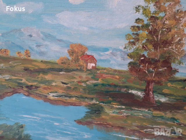 Картина пейзаж масло на фазер с рамка подписана, снимка 2 - Антикварни и старинни предмети - 53339362