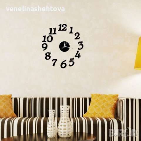Огледален часовник арабски цифри черен , снимка 2 - Стенни часовници - 38893616