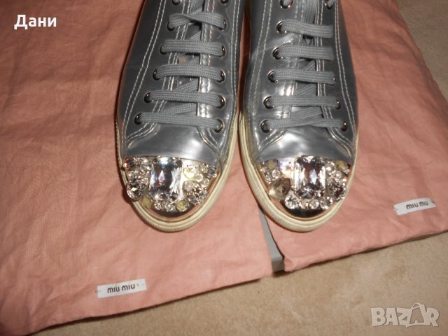 Miu Miu Silver Crystal Swarovski Leather Sneakers, снимка 7 - Дамски ежедневни обувки - 26638146