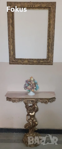 Страхотен бароков комплект дървена конзолна масичка с рамка, снимка 2 - Антикварни и старинни предмети - 53347529