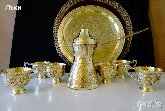 Израелски сервиз за кафе от месинг. , снимка 3 - Антикварни и старинни предмети - 40700995