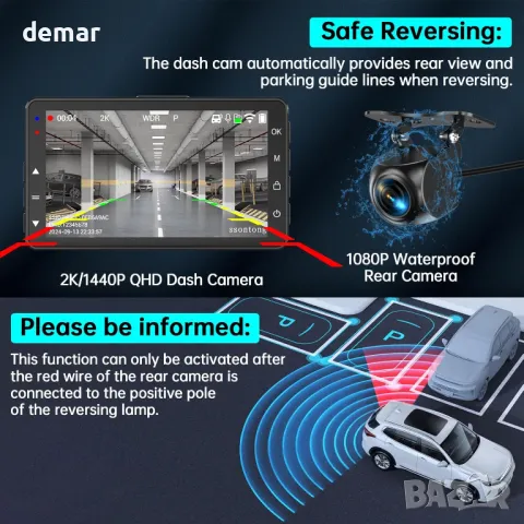 Dash Cam отпред и отзад, 2K, WiFi/БЕЗПЛАТНО ПРИЛОЖЕНИЕ, отпред 170°+140° отзад, снимка 3 - Аксесоари и консумативи - 48167117