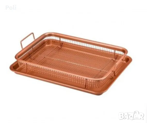 Комплект правоъгълна мрежеста кошница с тава от въглеродна стомана, снимка 1