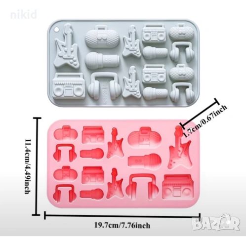 Китара микрофон слушалки радио музика силиконов молд форма фондан шоколад гипс бонбони декор, снимка 3 - Форми - 53388502