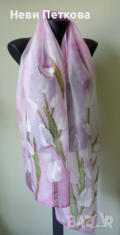 Рисуван копринен шал ЛАЛЕТА, снимка 4 - Шалове - 36554100
