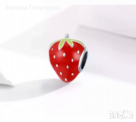Сребърен талисман за гривна Пандора ягодка Модел 030, снимка 4 - Гривни - 35223140