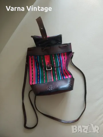  Стилна дамска чанта от естествена кожа и плат в етно стил, снимка 4 - Чанти - 49914416