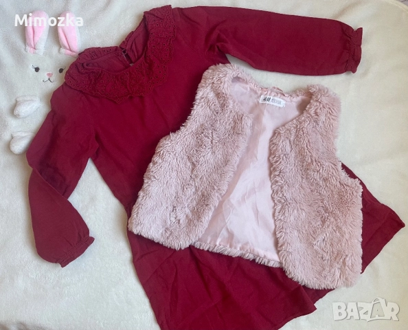 Страхотен коледен лот (пухкаво елече на Hm и червена рокля с дантелена яка) за сладурка р-р 116!