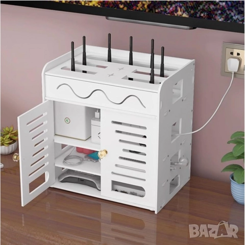 Органайзер шкаф за Wi-Fi рутер и кабели – 3 нива, бял дизайн