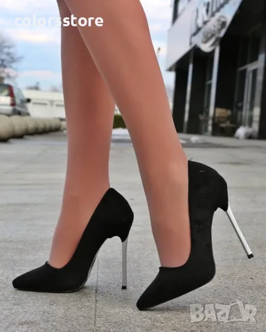 Обувки на ток - черен велур със сребрист ток - 6060