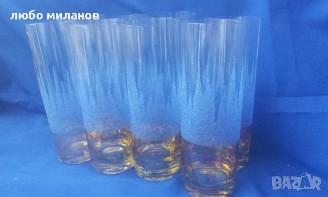 Ретро водни чаши, синя посипка, калиево стъкло – 6 бр, снимка 4 - Антикварни и старинни предмети - 38580581