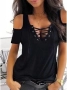 Дамска черна блуза с къс ръкав и ефектно деколте, снимка 1