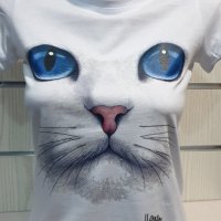 Страхотна нова дамска тениска с 3D принт котка със сини очи, снимка 10 - Тениски - 28344647