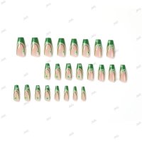 24бр. Гланцирано зелено пресоване върху нокти с цветни дизайни, фалшиви нокти , снимка 4 - Продукти за маникюр - 44125865