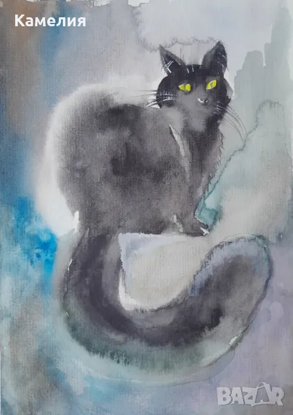 Картина: "Черна котка" акварел , снимка 1