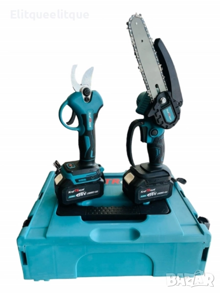 Комплект 2в1 акумулаторна безчеткова лозарска ножица и резачка-трион за клони 15 см. , снимка 1