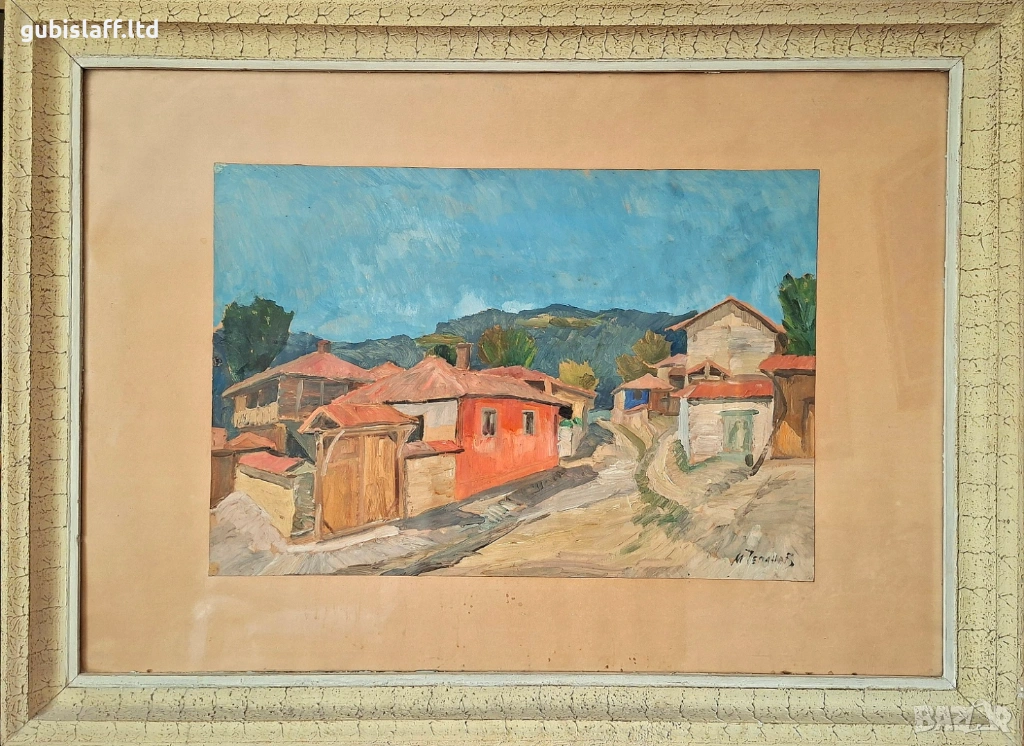 Картина, пейзаж, стари къщи, худ. М. Чепанов (1926-2002), снимка 1