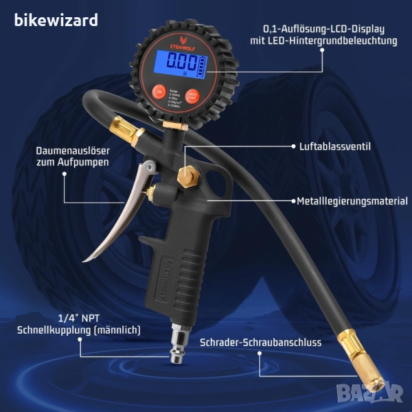ETENWOLF T500 Цифров манометър за въздух, помпа за гуми 0-17 Bar/250 PSI НОВ, снимка 1