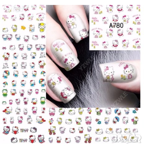 лист 12 в 1 HELLO KITTY Коте Кити слайдер татос ваденки водни стикери за нокти маникюр, снимка 1