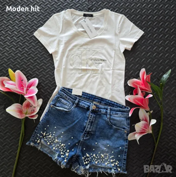 Calvin Klein тениска в комплект с дънкови панталонки с перли, снимка 1