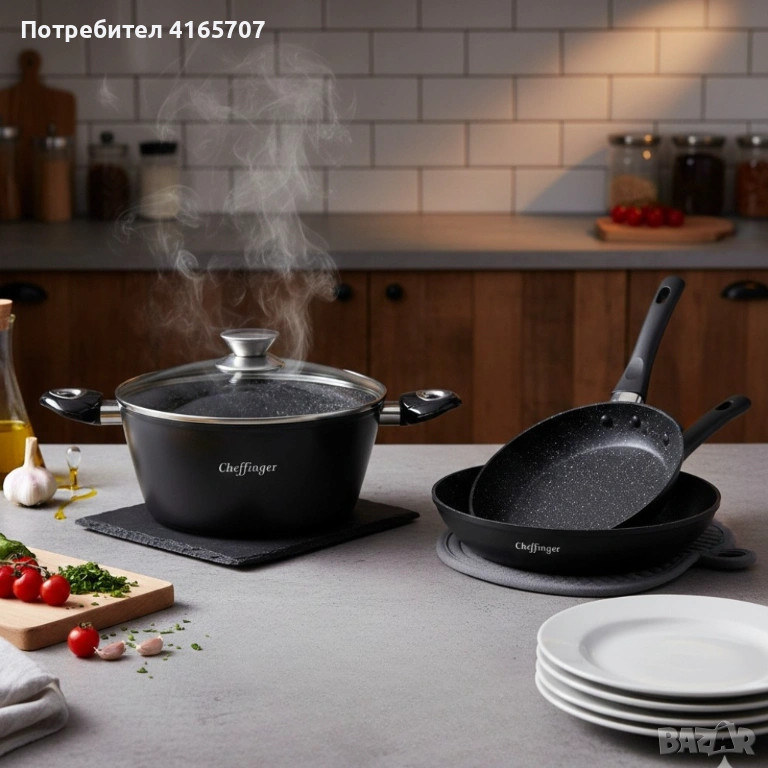 Комплект съдове за готвене 6 части Cheffinger – тенджера 24 см, тигани 24 и 28 см, за индукция, снимка 1