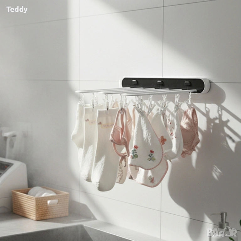 Самозалепваща се сгъваема стойка за сушене на дрехи с 24 щипки – компактно решение , снимка 1