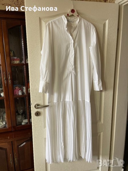 нова бяла класическа дълга еластична елегантна рокля  риза  zara  плисирана плисе , снимка 1