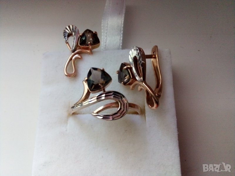 Руски златен комплект с раух топази , снимка 1