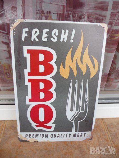Метална табела храна BBQ свежо месо изпечено скара барбекю вилица, снимка 1