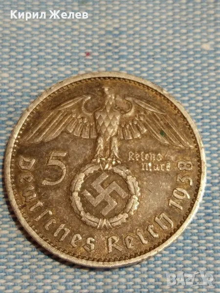Сребърна монета 5 райхсмарка 1938г. Трети райх Нацистка Германия с свастика 29308, снимка 1